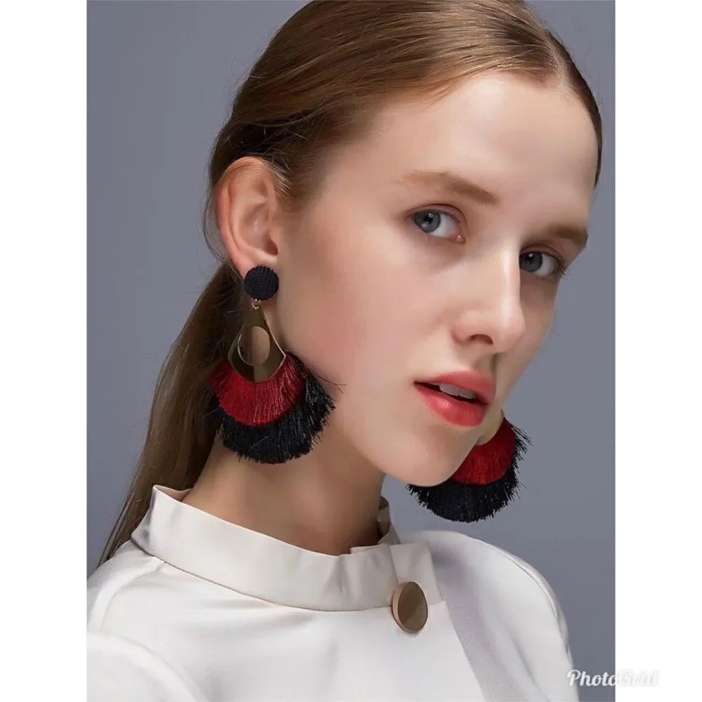 2/$30 Fringe Color Block Tassel Decor Earrings - Picture 1 of 3